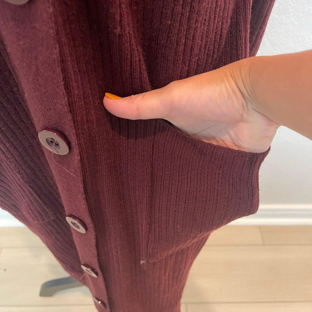 Spense Woman Burgundy Ribbed Long Sleeve Button Front Cardigan Dress Size 1X - Picture 2 of 8
